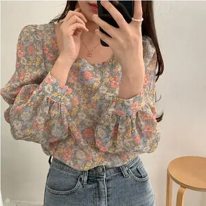 ZARA Korean Floral Square Neck Chiffon Long Sleeve Blouse